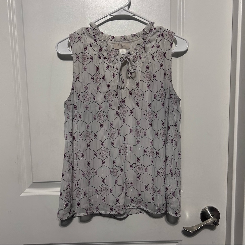 LOFT Outlet Petites White Pink & Purple Sparkly Bowtie Sleeveless Blouse